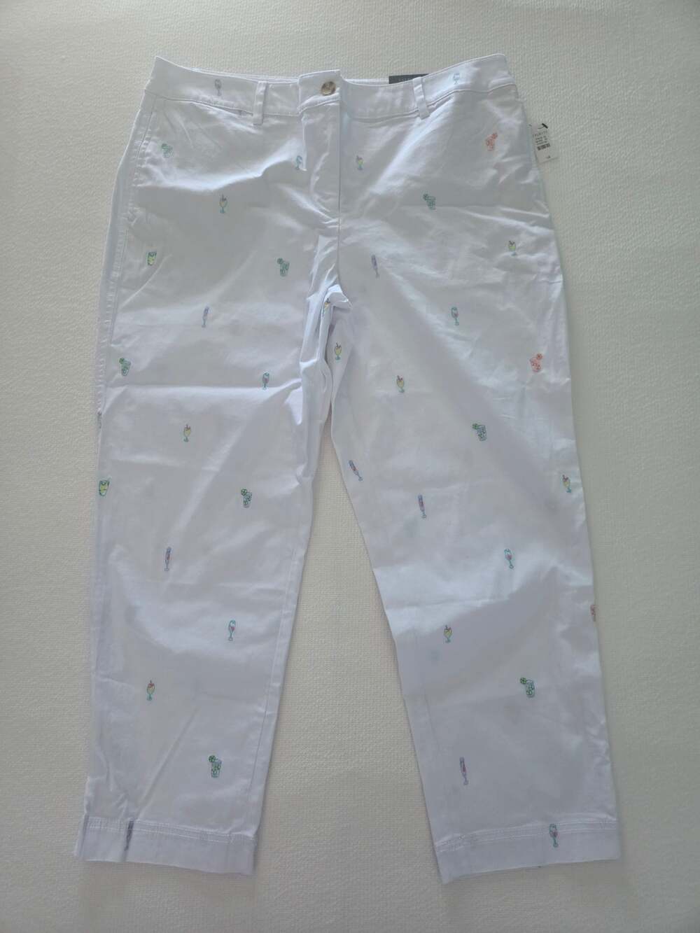 NWT Talbots White Slim Perfect Crop Pants with Drink designs Size 14